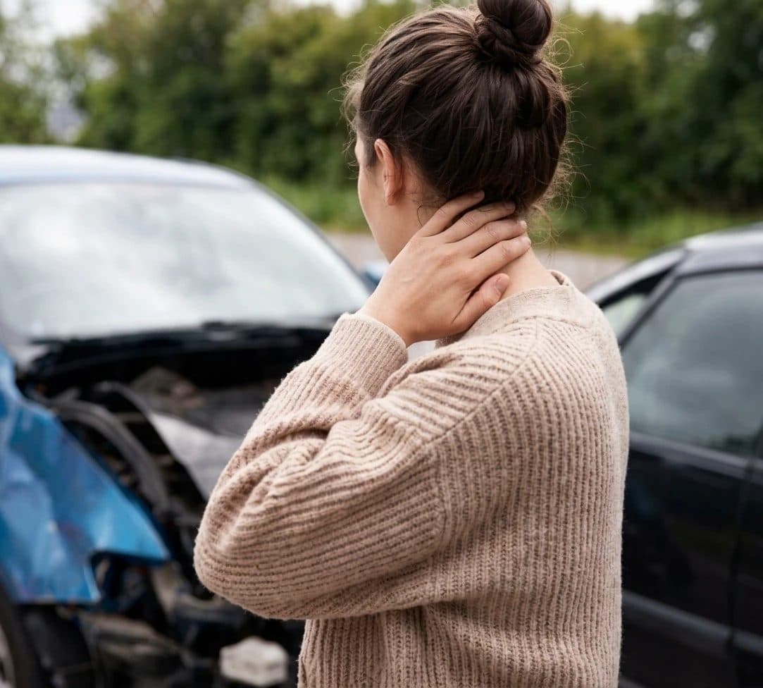 Una mujer se sujeta el cuello junto a dos coches con daños tras una colisión.